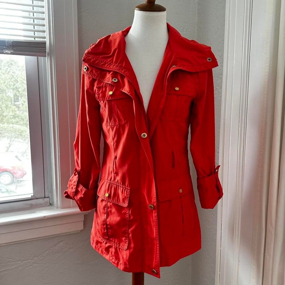 Ellen Tracy Womens Orange Utility‎ Anorak Jacket Packable Hood Size Small